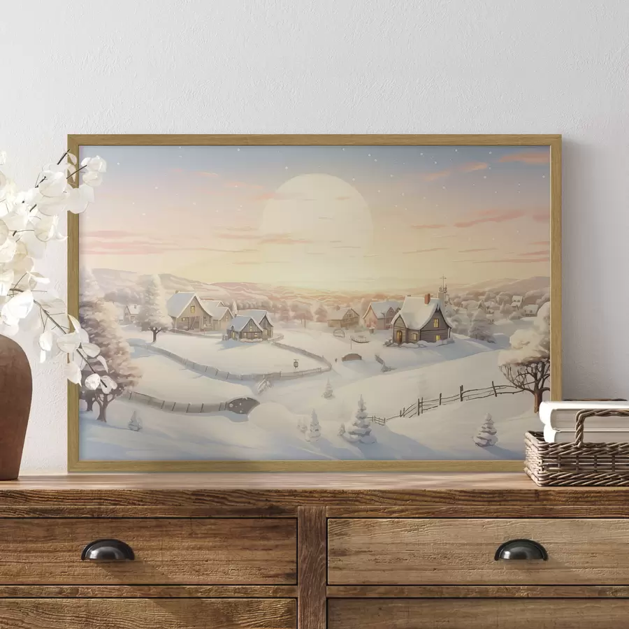 Fototapete Winterdorf im Sonnenuntergang, schneebedeckte Häuser, Tannenbäume f41380