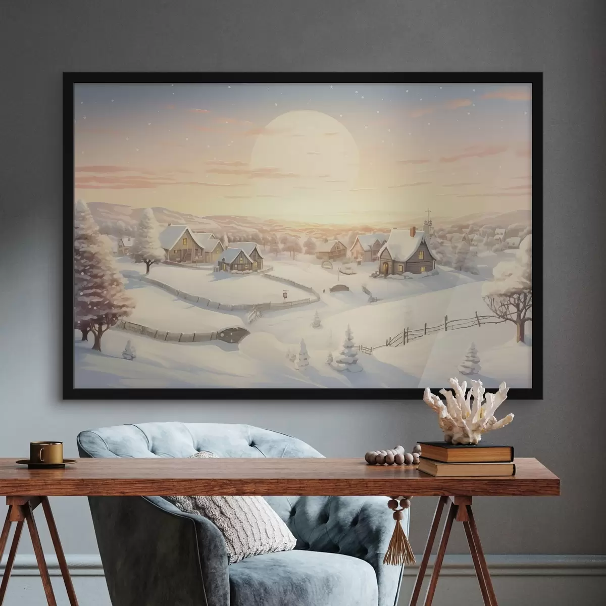 Poster Winterdorf im Sonnenuntergang, schneebedeckte Häuser, Tannenbäume f41380