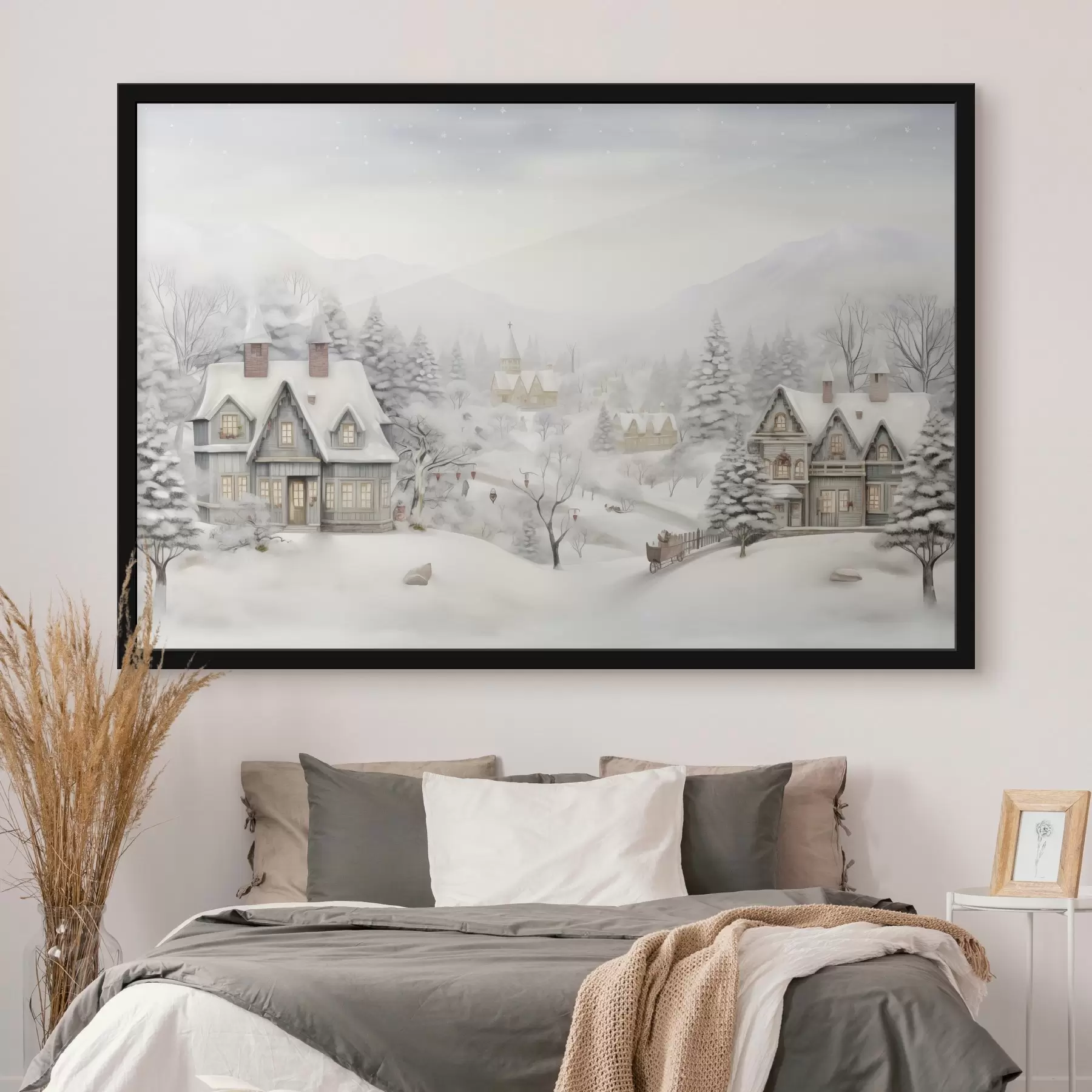 Fototapete Schöne Winterlandschaft mit Dorf, Kiefern, Häuser, Berge f41384