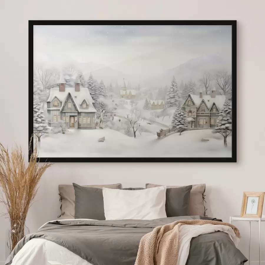 Fototapete Schöne Winterlandschaft mit Dorf, Kiefern, Häuser, Berge f41384