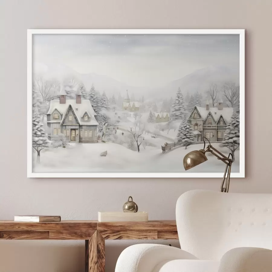 Fototapete Schöne Winterlandschaft mit Dorf, Kiefern, Häuser, Berge f41384