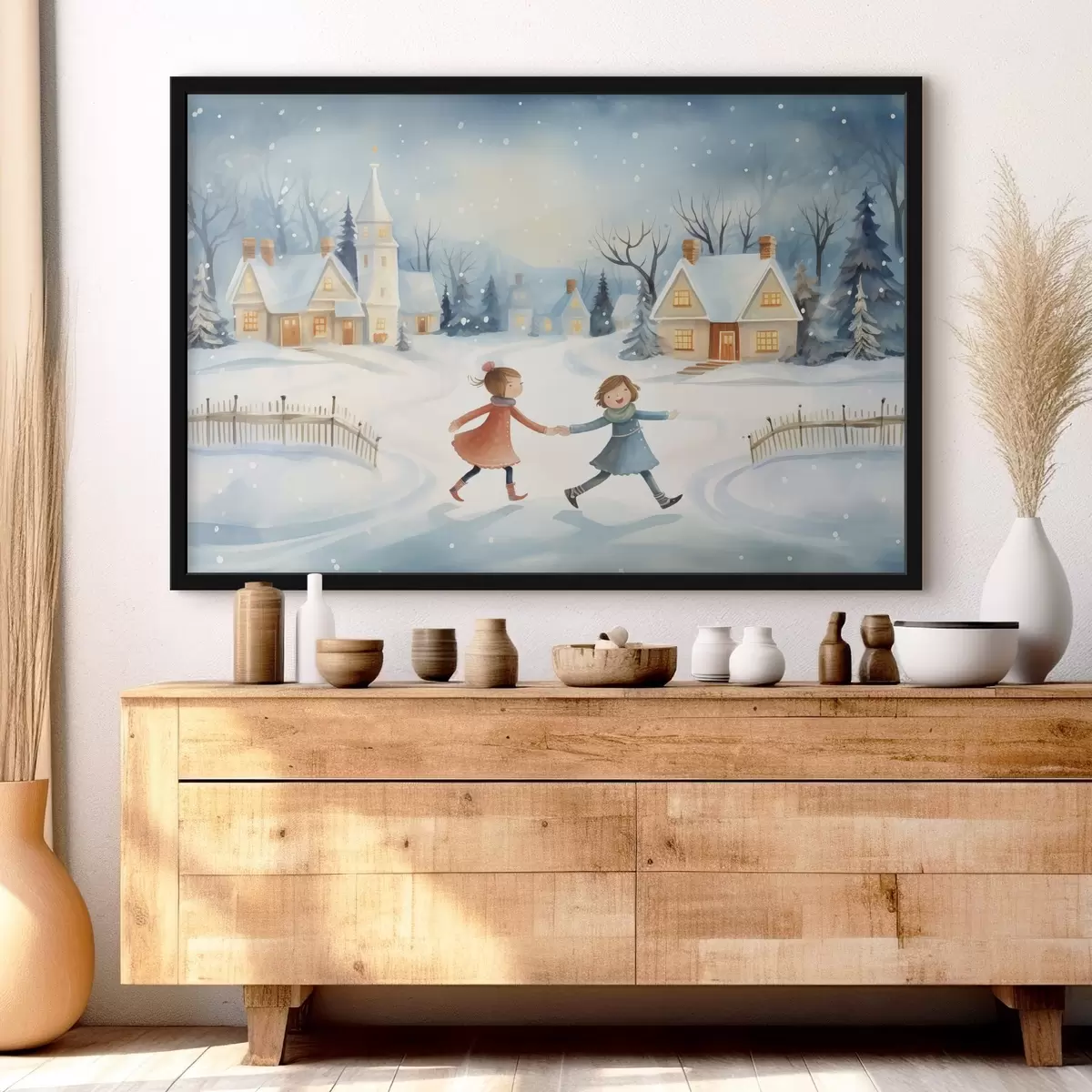 Poster Mädchen im Winterdorf, Schneeflocken, Aquarell, Häuser, Wald f41385