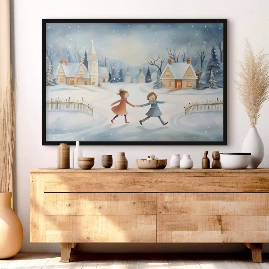 Fototapete Mädchen im Winterdorf, Schneeflocken, Aquarell, Häuser, Wald f41385