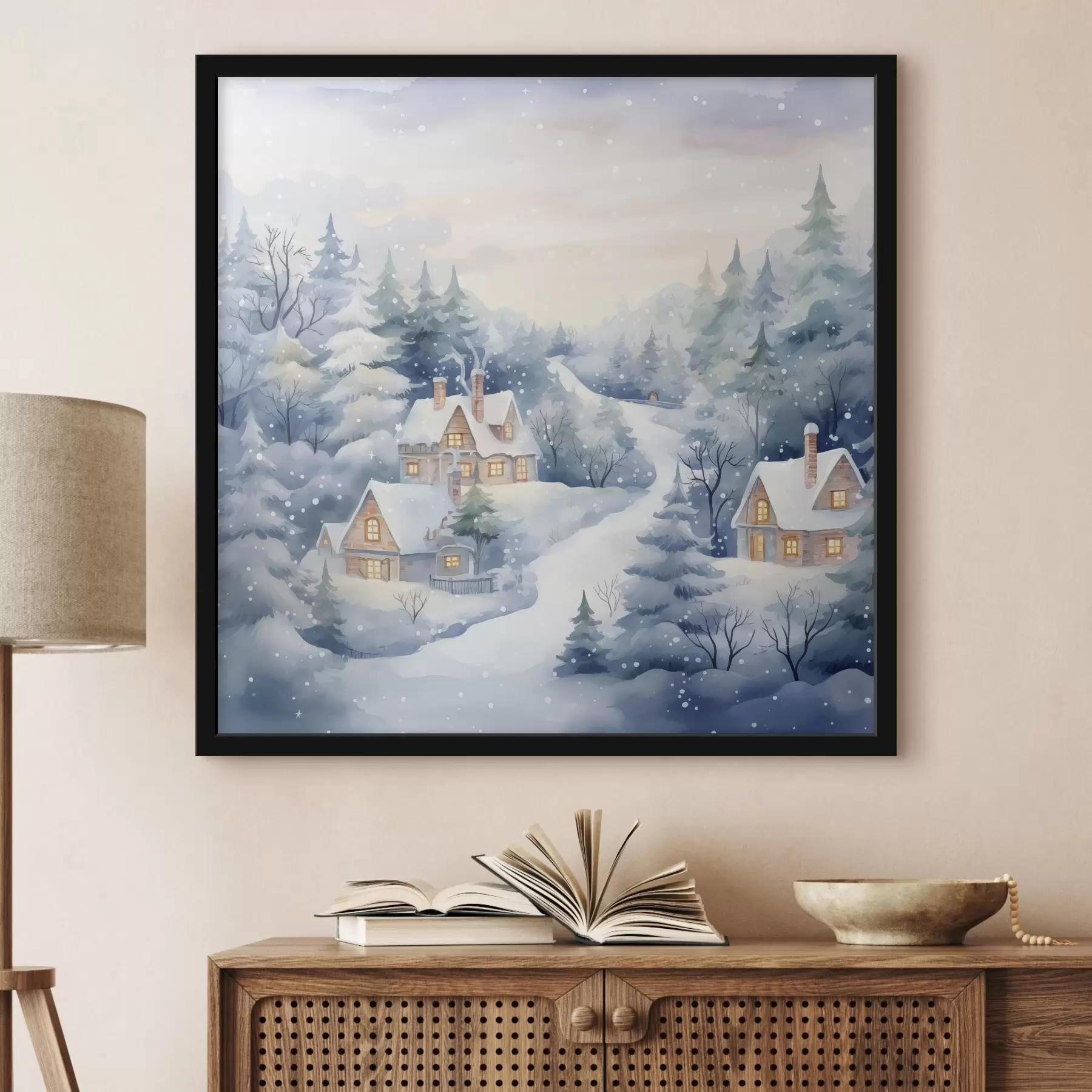 Fototapete Aquarell Winterlandschaft, Kiefernwald, Häuser f41387