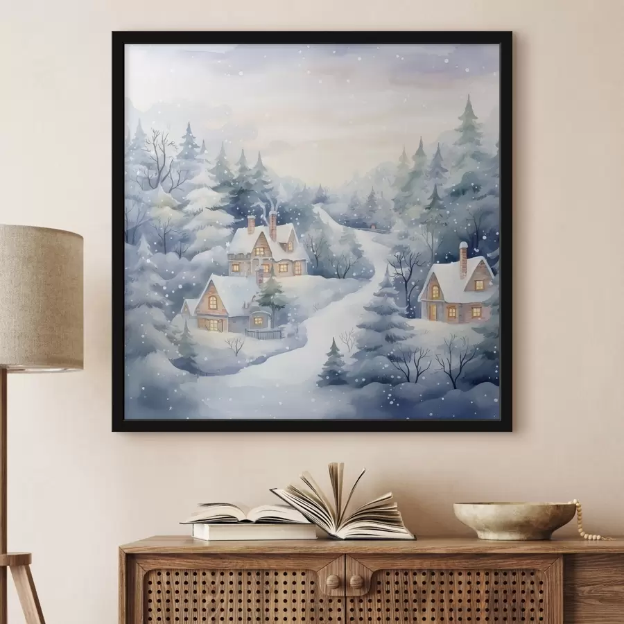 Fototapete Aquarell Winterlandschaft, Kiefernwald, Häuser f41387