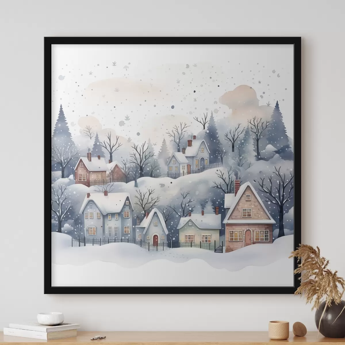 Poster Aquarell Winterlandschaft mit Häusern und Kiefernwald f41389