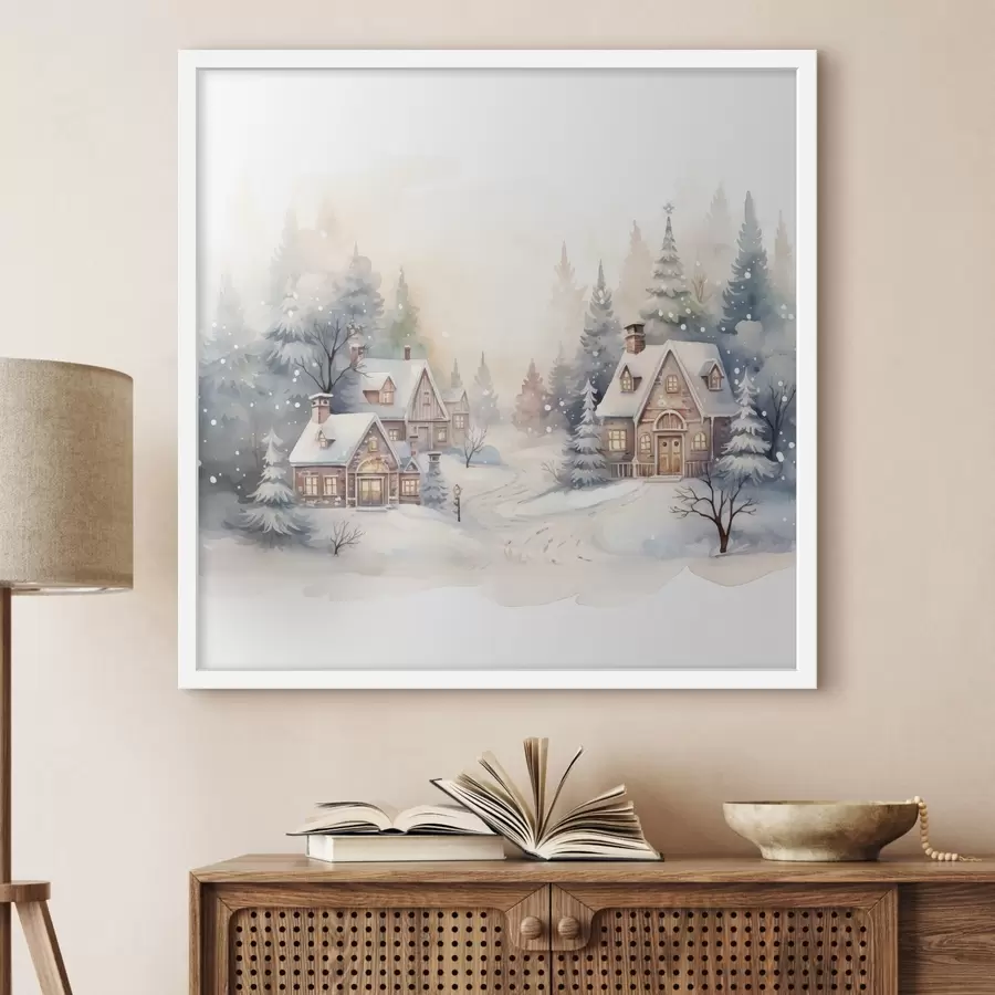Fototapete Winterlandschaft, Kiefernwald, schöne Häuser, Aquarell, Susnet f41390