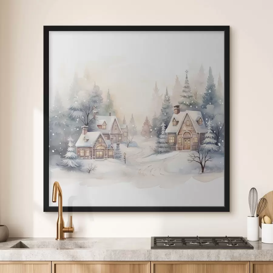 Fototapete Winterlandschaft, Kiefernwald, schöne Häuser, Aquarell, Susnet f41390