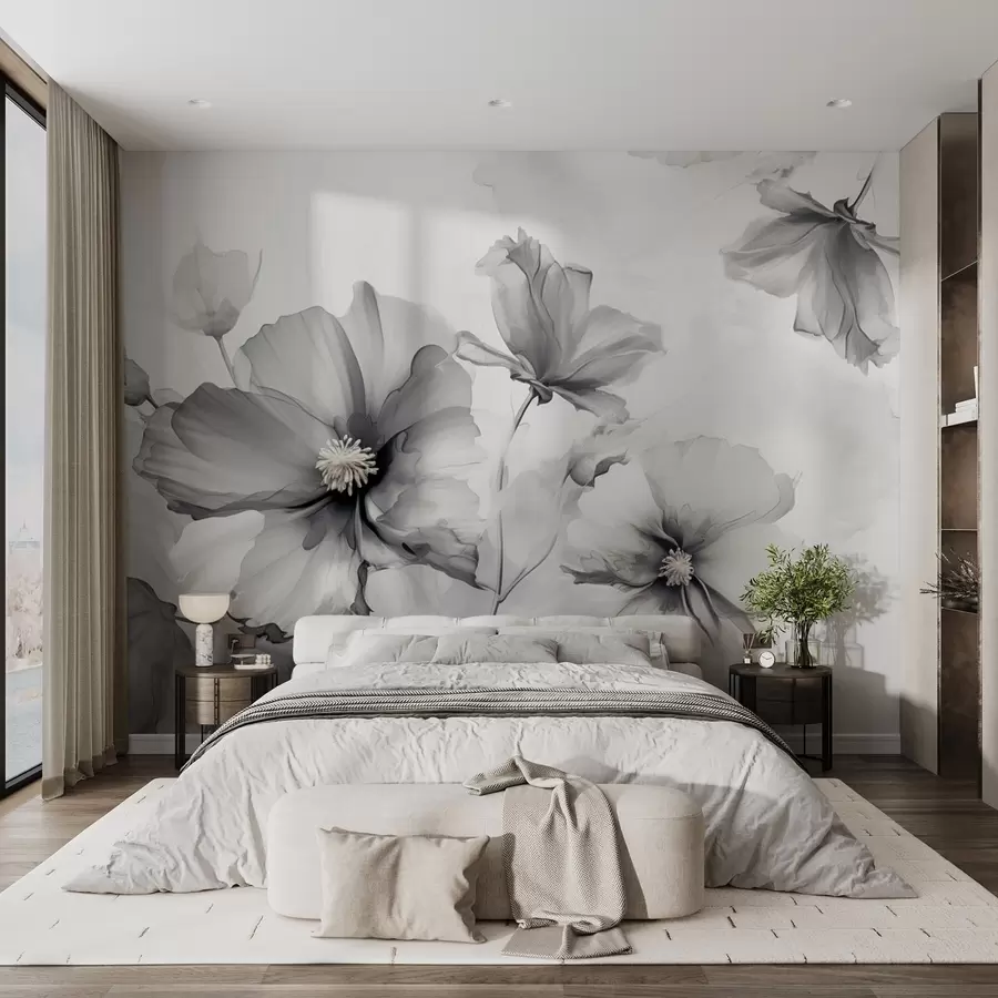 Fototapete Luftig durchscheinende graue Blüten, die sich im Morgenlicht auflösen w01938