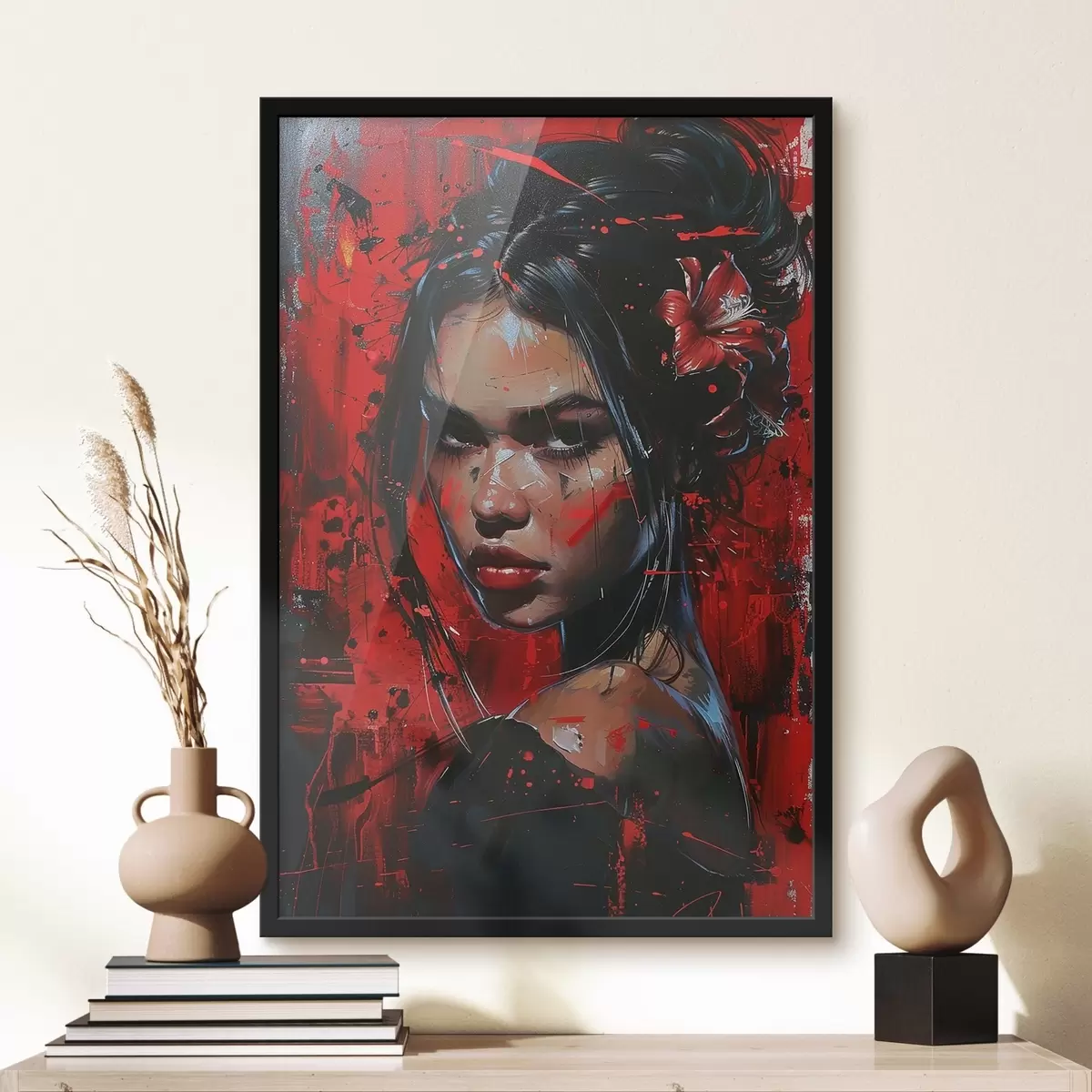 Poster Mädchen mit Farben auf rotem Hintergrund f41413