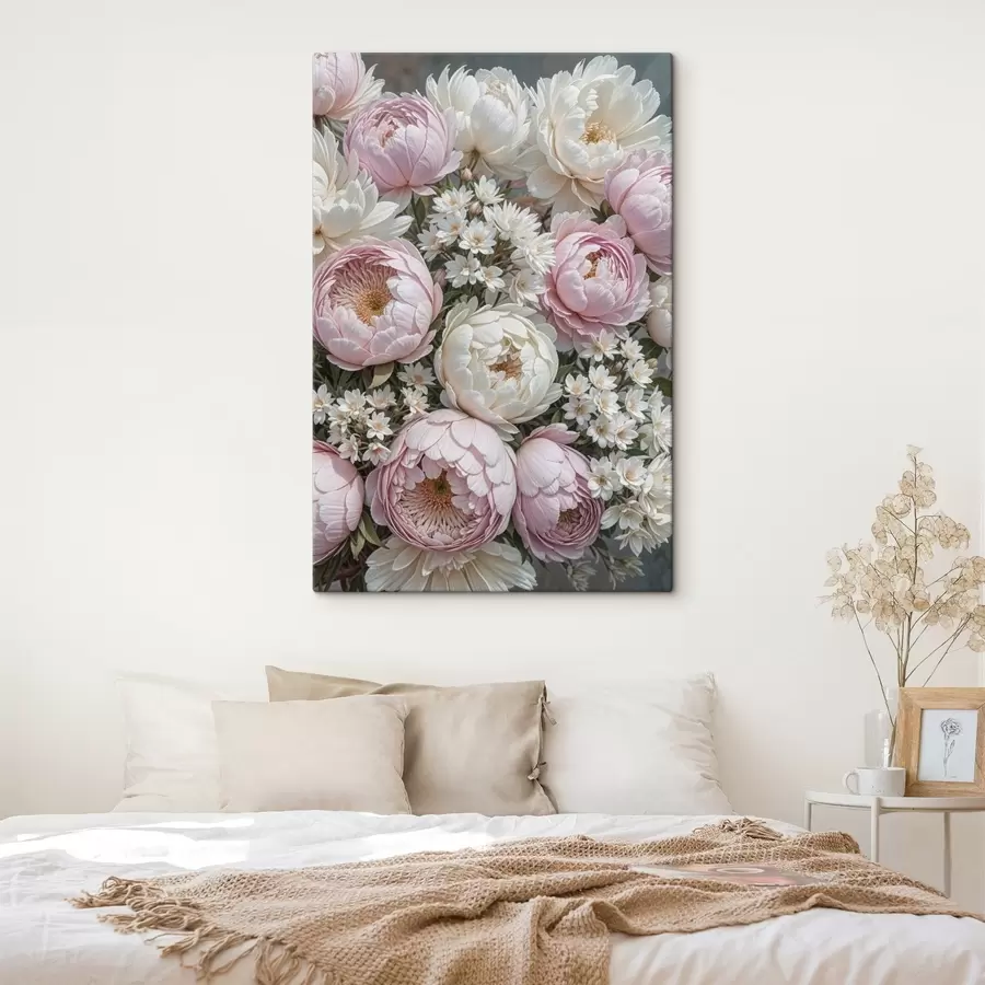 Wandbilder Ein Strauß aus pastellrosa Pfingstrosen und weißen Gänseblümchen, arrangiert in einer schönen Blumenkomposition s41255