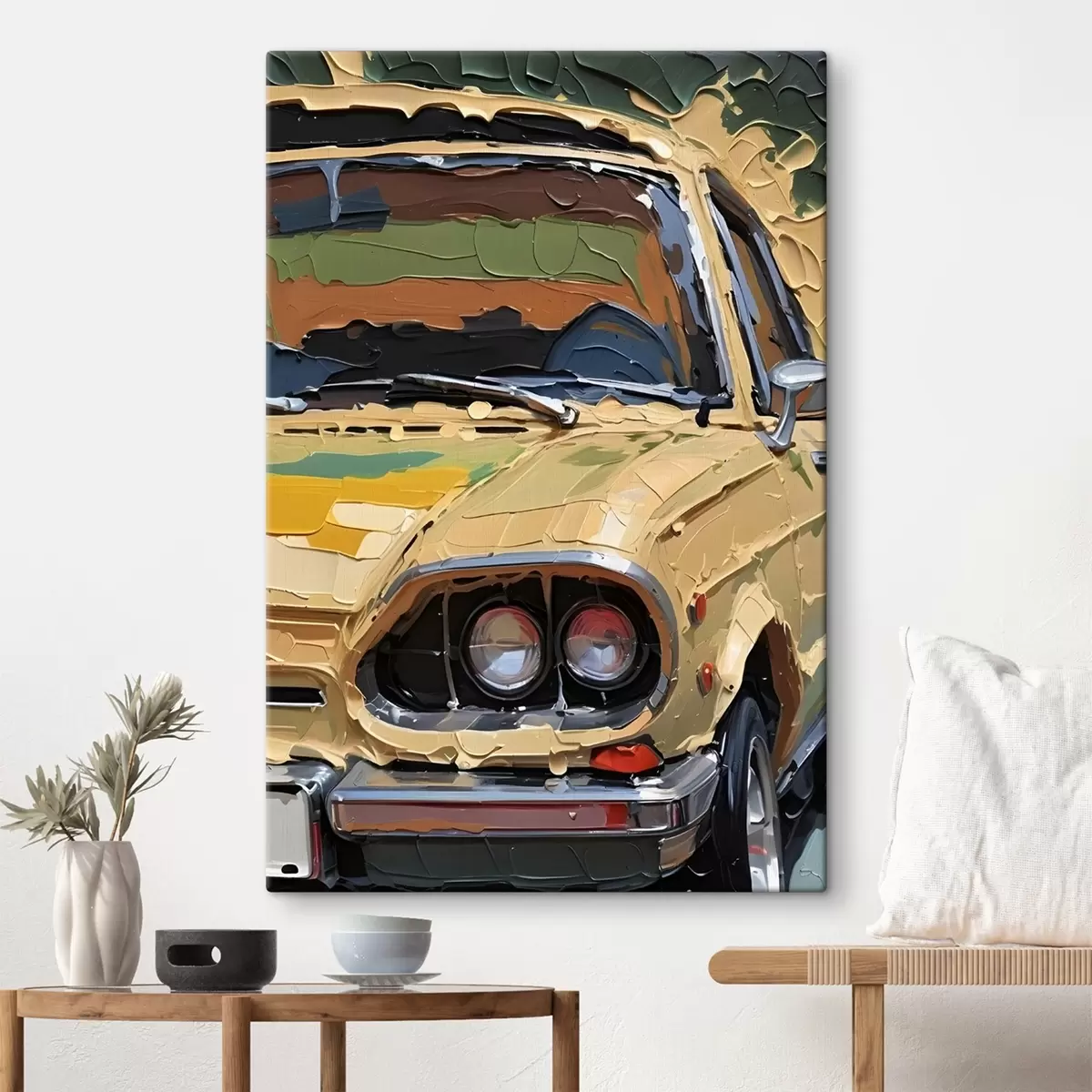 Wandbilder Nachahmung eines pastosen Ölgemäldes eines gelben Autos vor einem bunten, abstrakten Hintergrund s41261