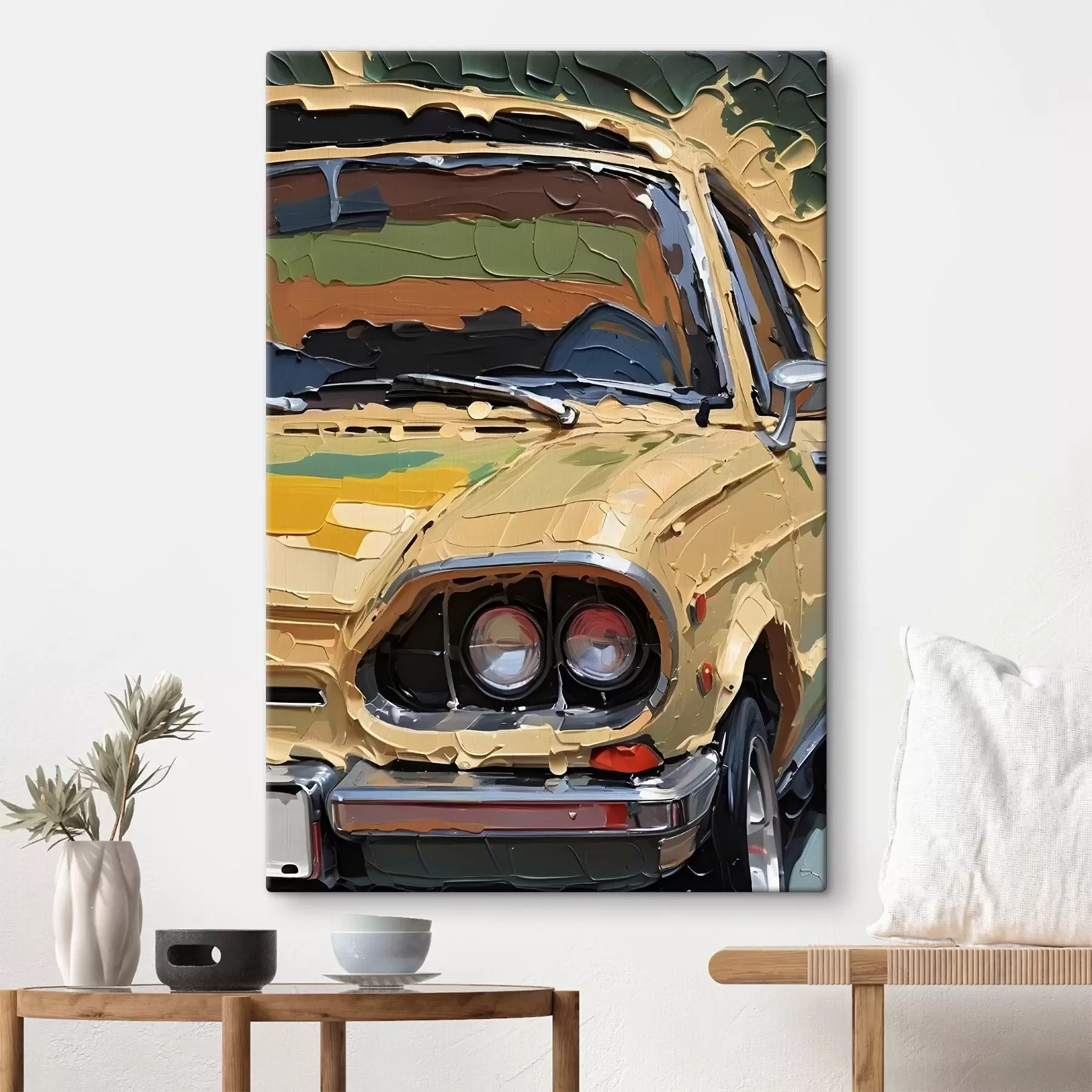 Fototapete Nachahmung eines pastosen Ölgemäldes eines gelben Autos vor einem bunten, abstrakten Hintergrund s41261