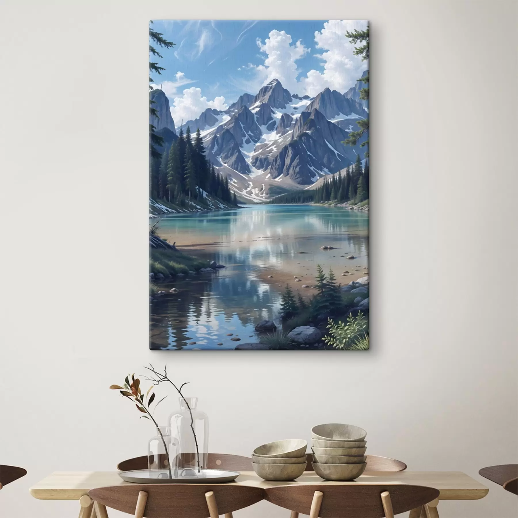 Fototapete Ein ruhiger Alpensee, umgeben von majestätischen schneebedeckten Bergen, mit einem dichten Wald und einem bewölkten Himmel s41264