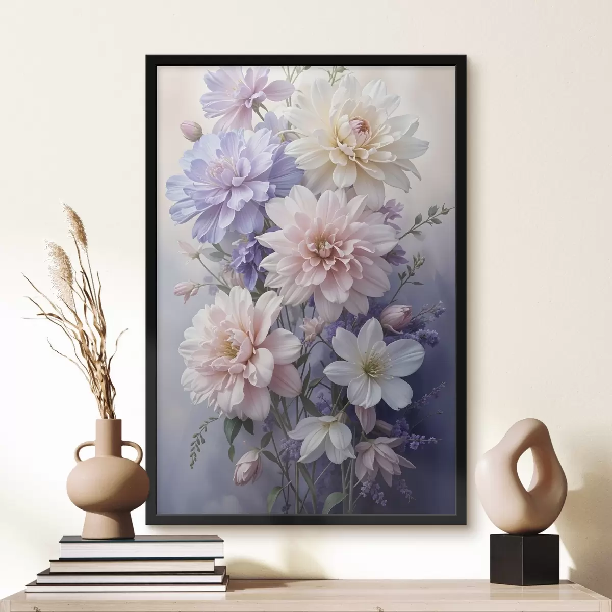 Poster Ein Strauß großer, leuchtender Dahlienblüten in rosa, lavendelfarbenen und weißen Tönen vor einem weichen, unscharfen Hintergrund f41247