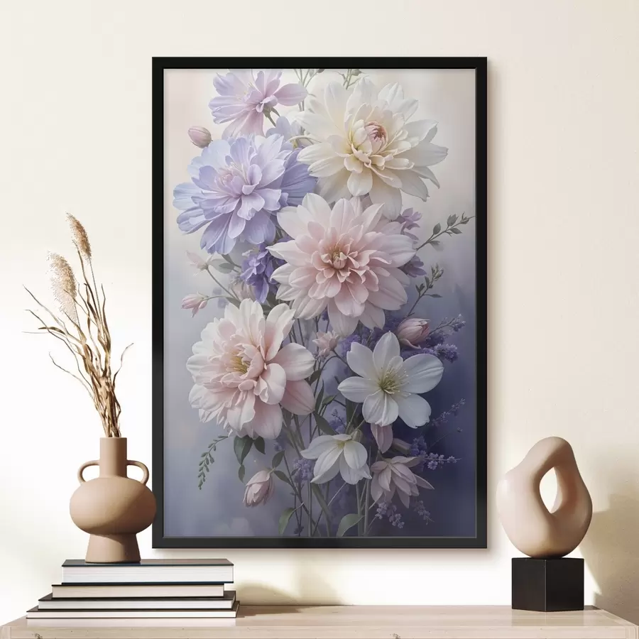 Fototapete Ein Strauß großer, leuchtender Dahlienblüten in rosa, lavendelfarbenen und weißen Tönen vor einem weichen, unscharfen Hintergrund f41247