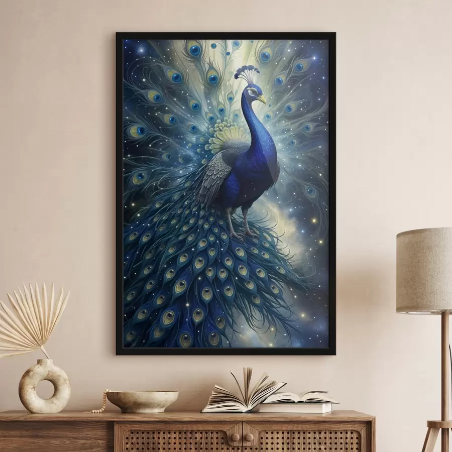 Fototapete Ein leuchtender und majestätischer Pfau vor einem nächtlichen Sternenhimmel, der eine magische und ätherische Atmosphäre schafft f41256