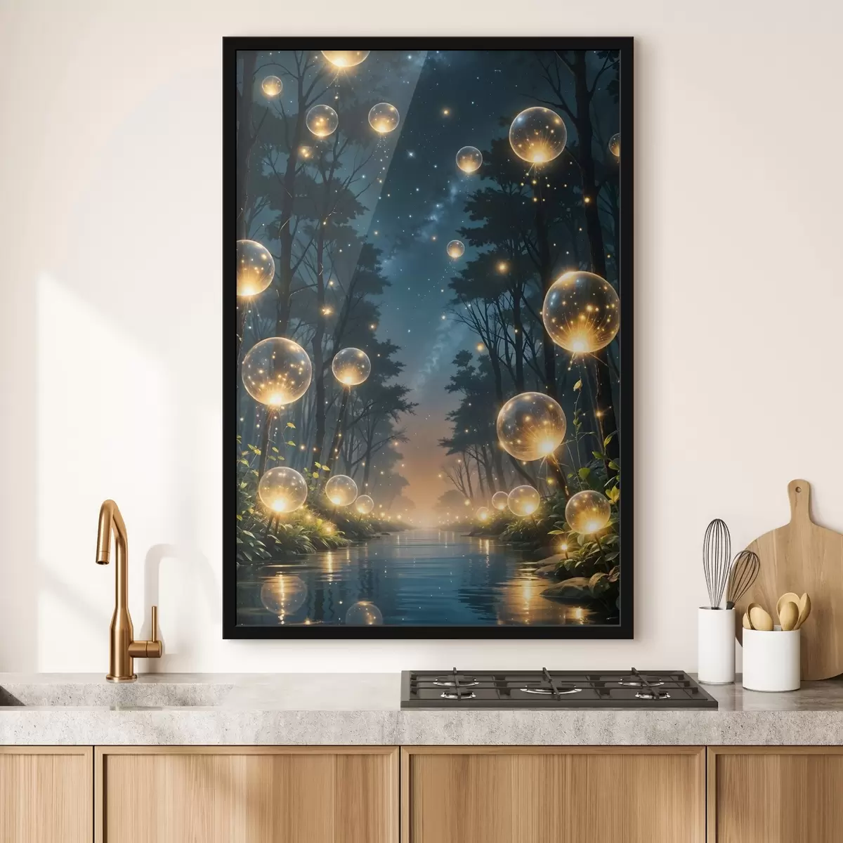 Poster Ein magischer Wald bei Nacht mit gelben Kugeln und Glühwürmchen, die zwischen den Bäumen schweben und eine skurrile Atmosphäre schaffen f41259