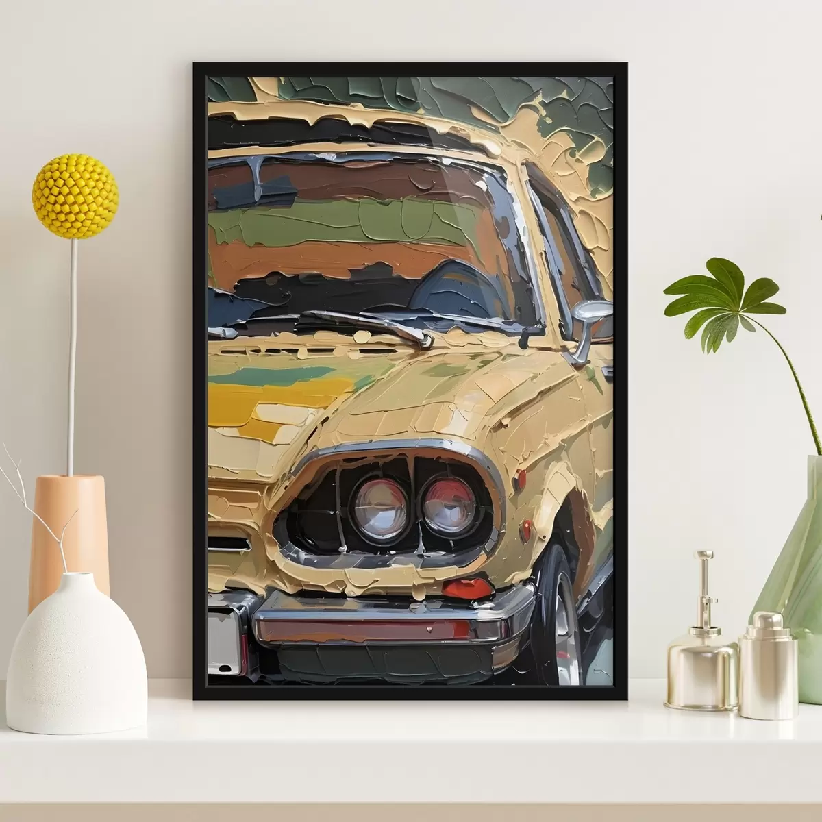 Poster Nachahmung eines pastosen Ölgemäldes eines gelben Autos vor einem bunten, abstrakten Hintergrund f41261