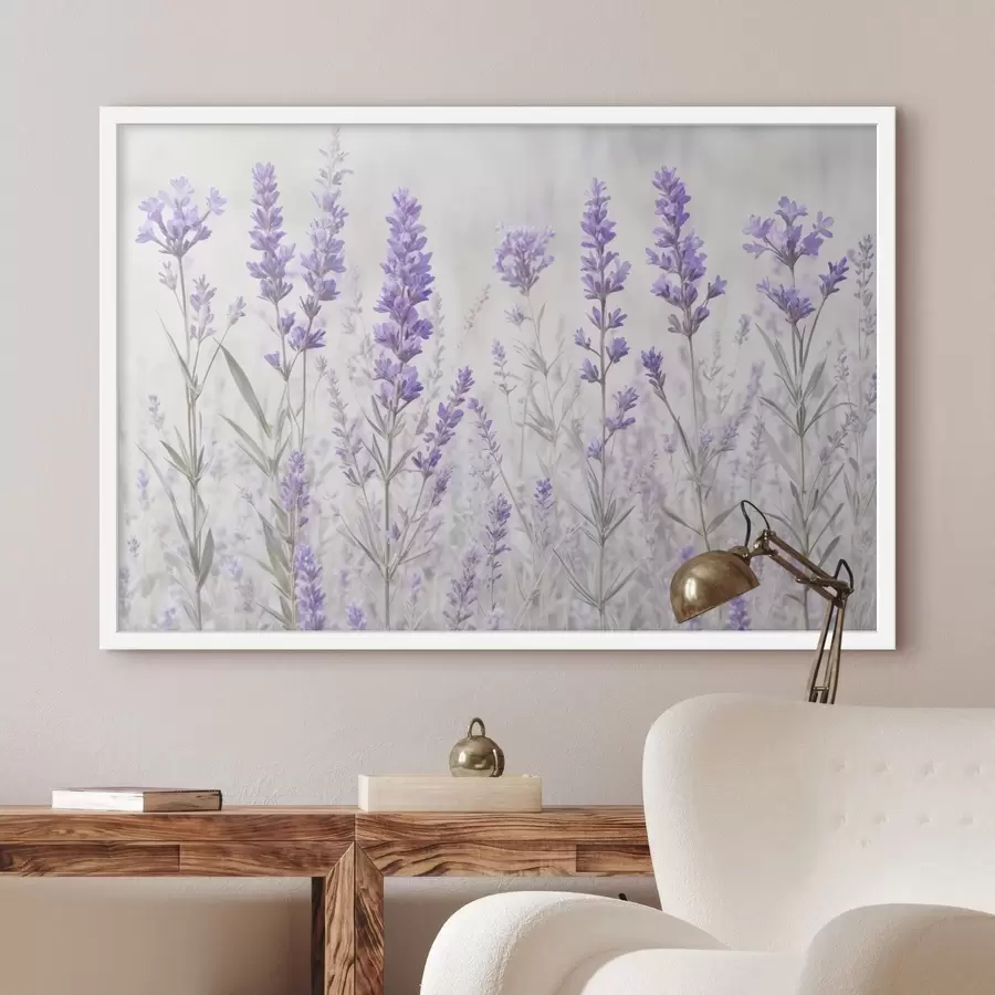 Fototapete Ein Feld mit lila Lavendelblüten vor einem unscharfen, strukturierten Hintergrund f41265