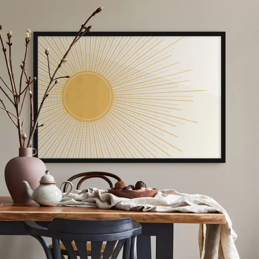 Fototapete Eine leuchtend gelbe Sonne mit strahlenden Sonnenstrahlen vor einem hellen Hintergrund, der eine warme und sonnige Atmosphäre schafft f41268