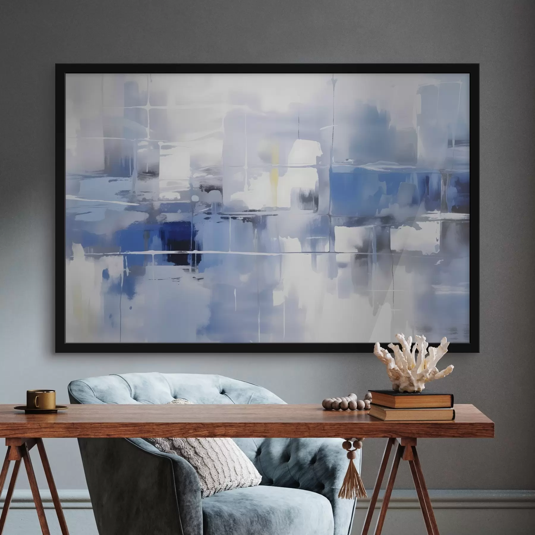 Fototapete Eine moderne Abstraktion in Blau-, Weiß- und Grautönen mit verschwommenen Linien und Formen f41269