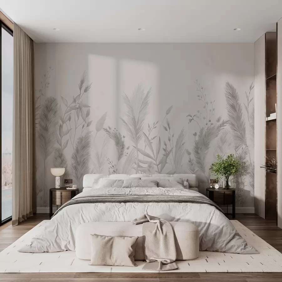 Fototapete Hohe Feldgräser und Blumen in neutralen Farben w02004