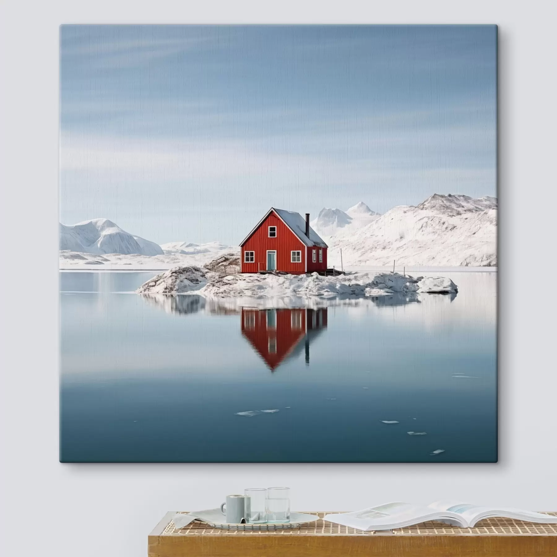 Wandbilder Minimalistische Winterlandschaft rotes Haus am See s41437