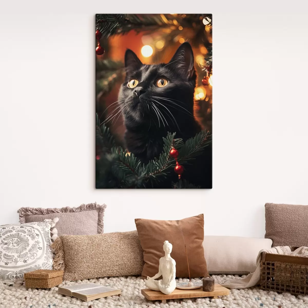 Wandbilder Schwarze Katze vor dem Hintergrund der Neujahrslichter s41441