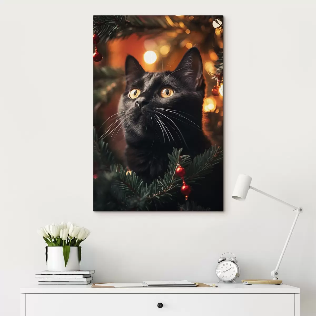 Wandbilder Schwarze Katze vor dem Hintergrund der Neujahrslichter s41441
