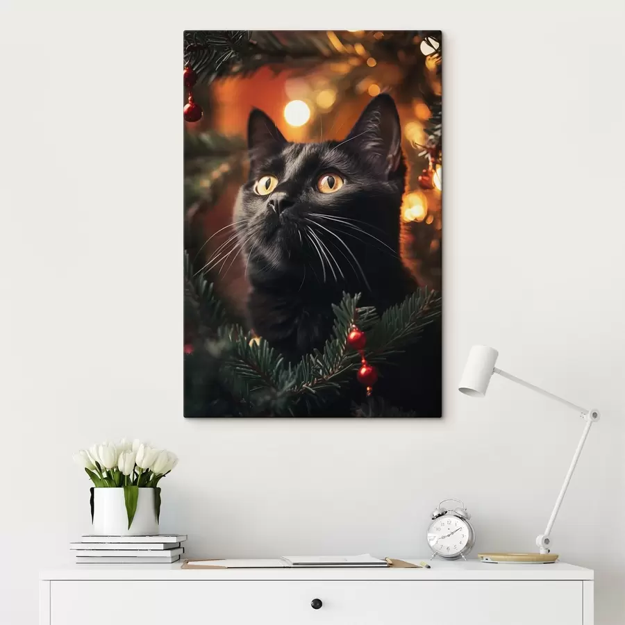 Wandbilder Schwarze Katze vor dem Hintergrund der Neujahrslichter s41441