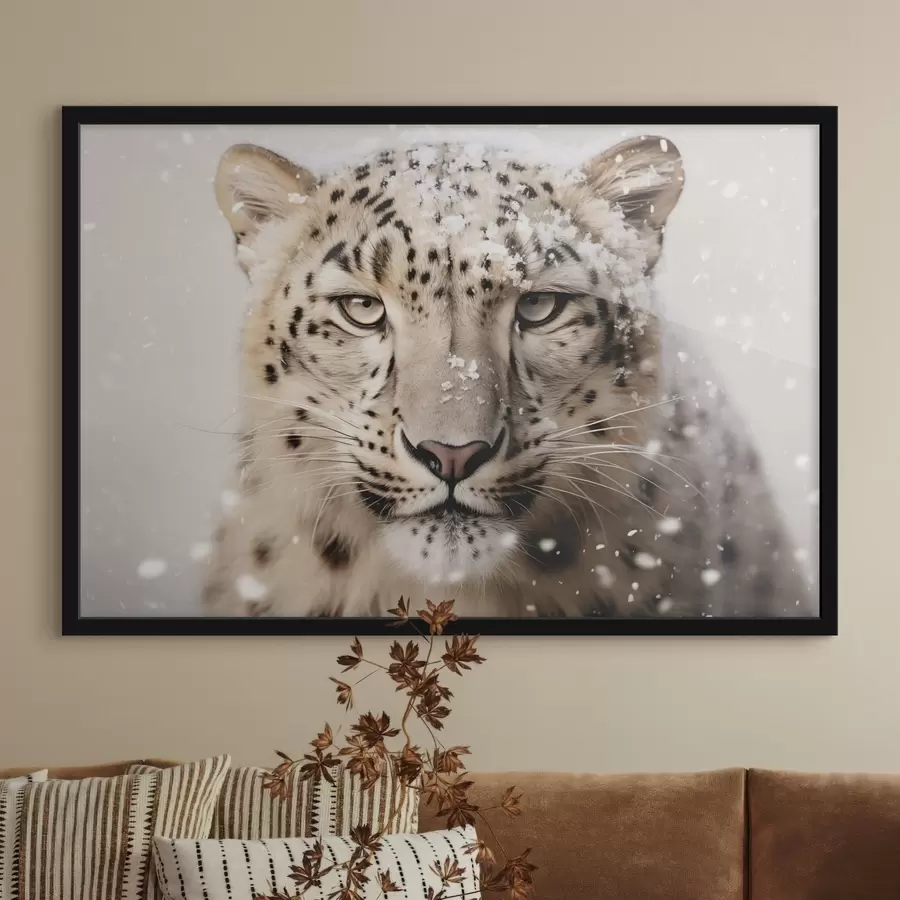 Fototapete Porträt eines Leoparden unter fallendem Schnee f41434