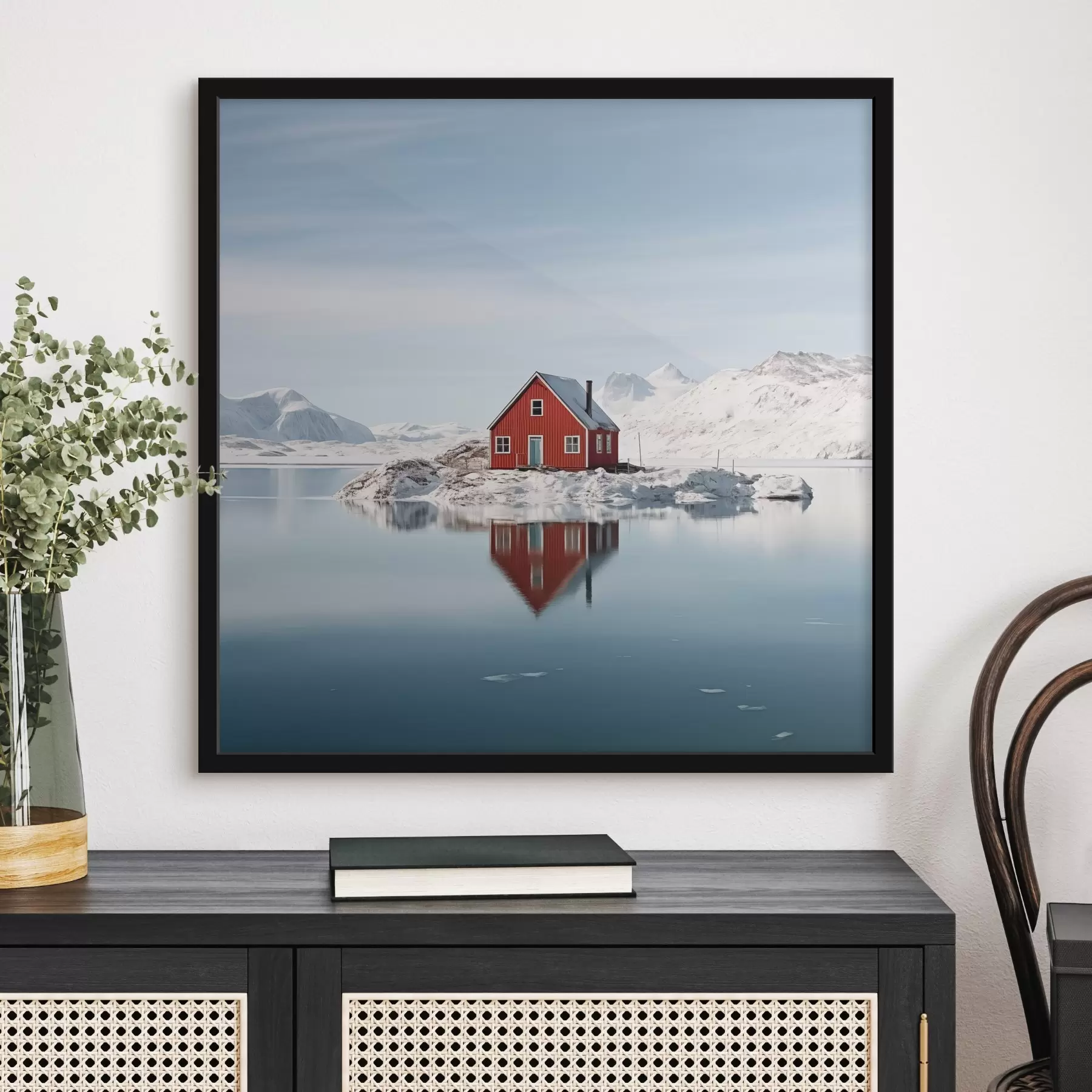 Fototapete Minimalistische Winterlandschaft rotes Haus am See f41437