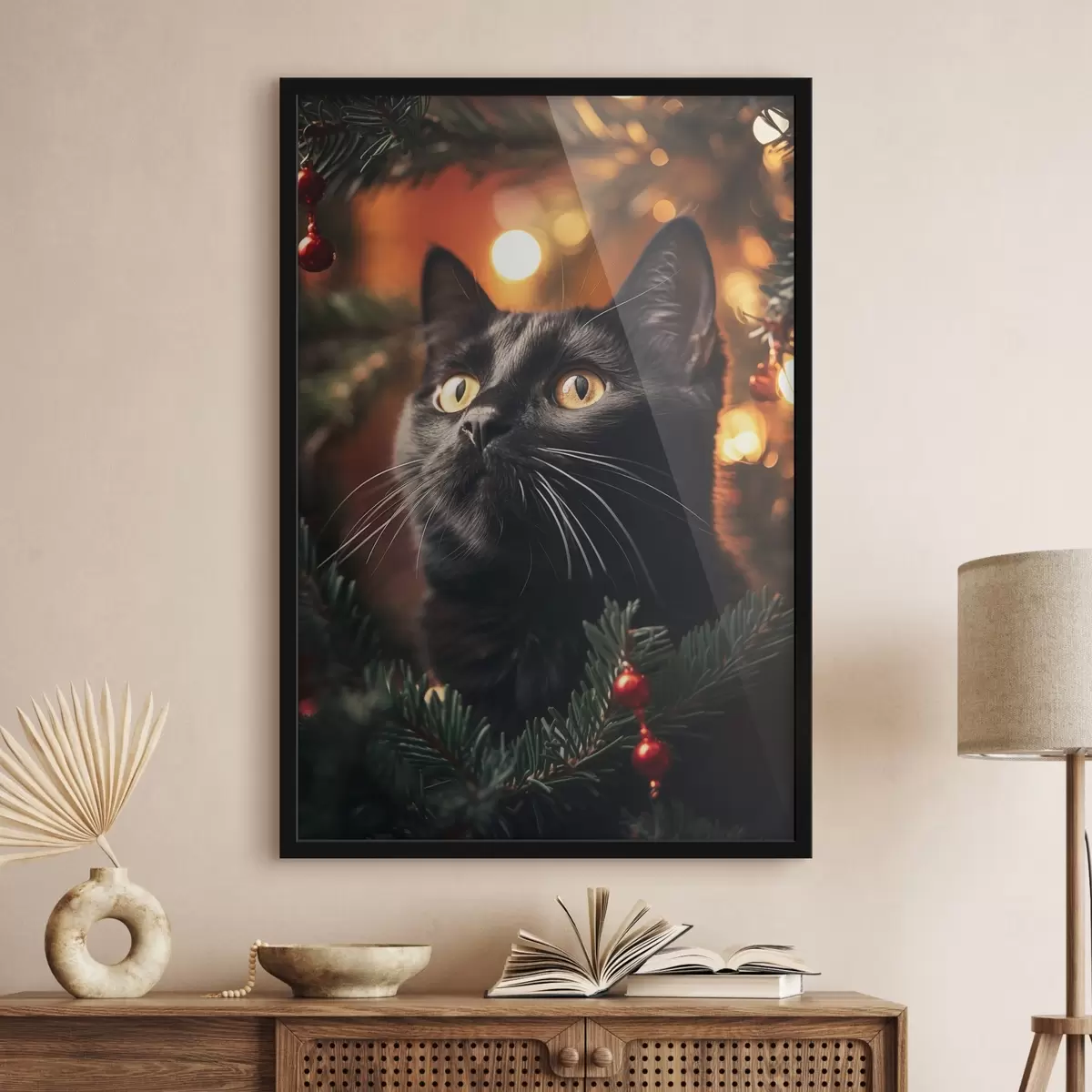Poster Schwarze Katze vor dem Hintergrund der Neujahrslichter f41441