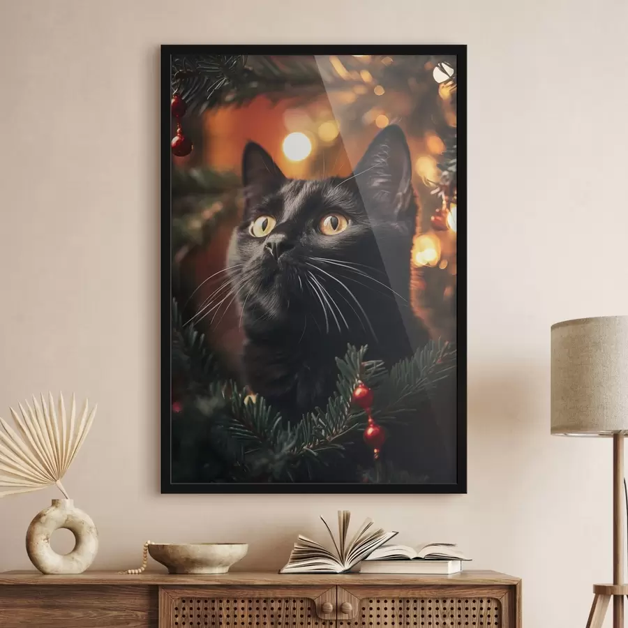 Fototapete Schwarze Katze vor dem Hintergrund der Neujahrslichter f41441