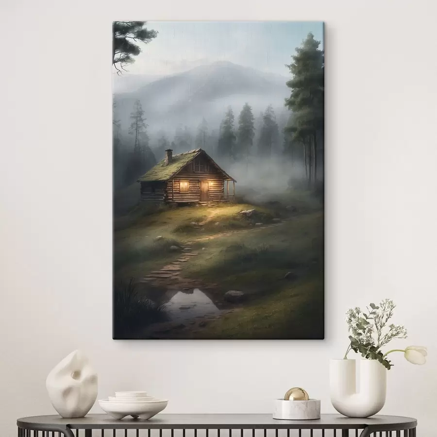 Wandbilder Hütte im nebligen Wald s41304