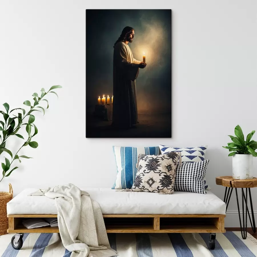 Wandbilder Jesus Christus mit Kerze in der Dunkelheit s41315