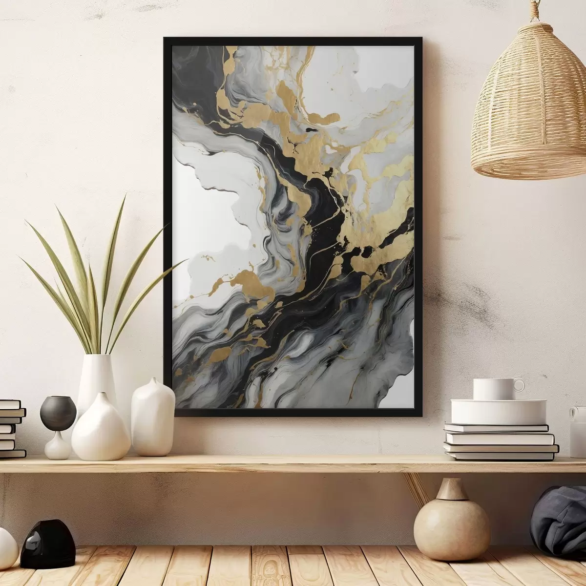 Poster Abstrakte Malerei in Aquarell mit schwarzen und gelben Farben f41290