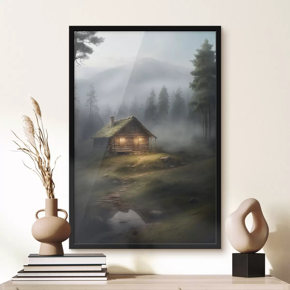 Poster Hütte im nebligen Wald f41304