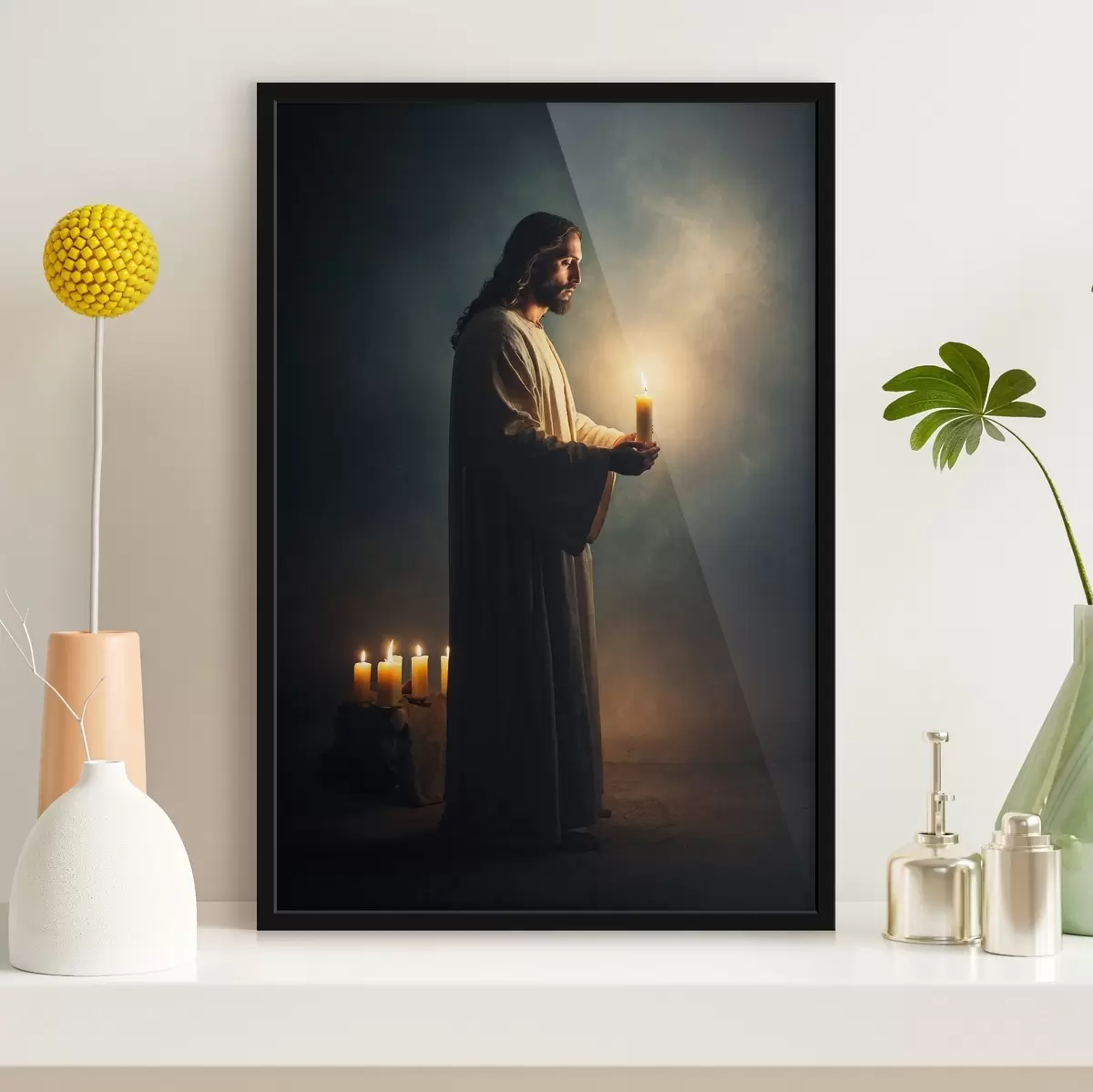 Poster Jesus Christus mit Kerze in der Dunkelheit f41315