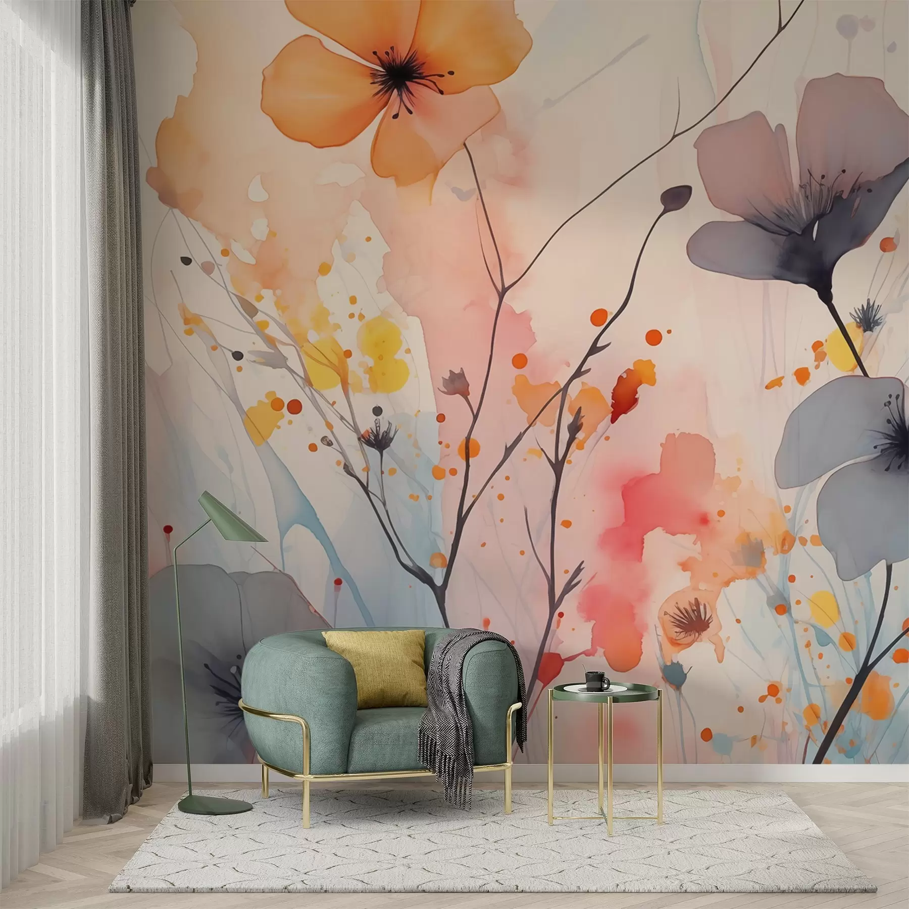 Fototapete Abstrakte helle Blumen und Zweige mit Farbspritzern nasses Aquarell w02049