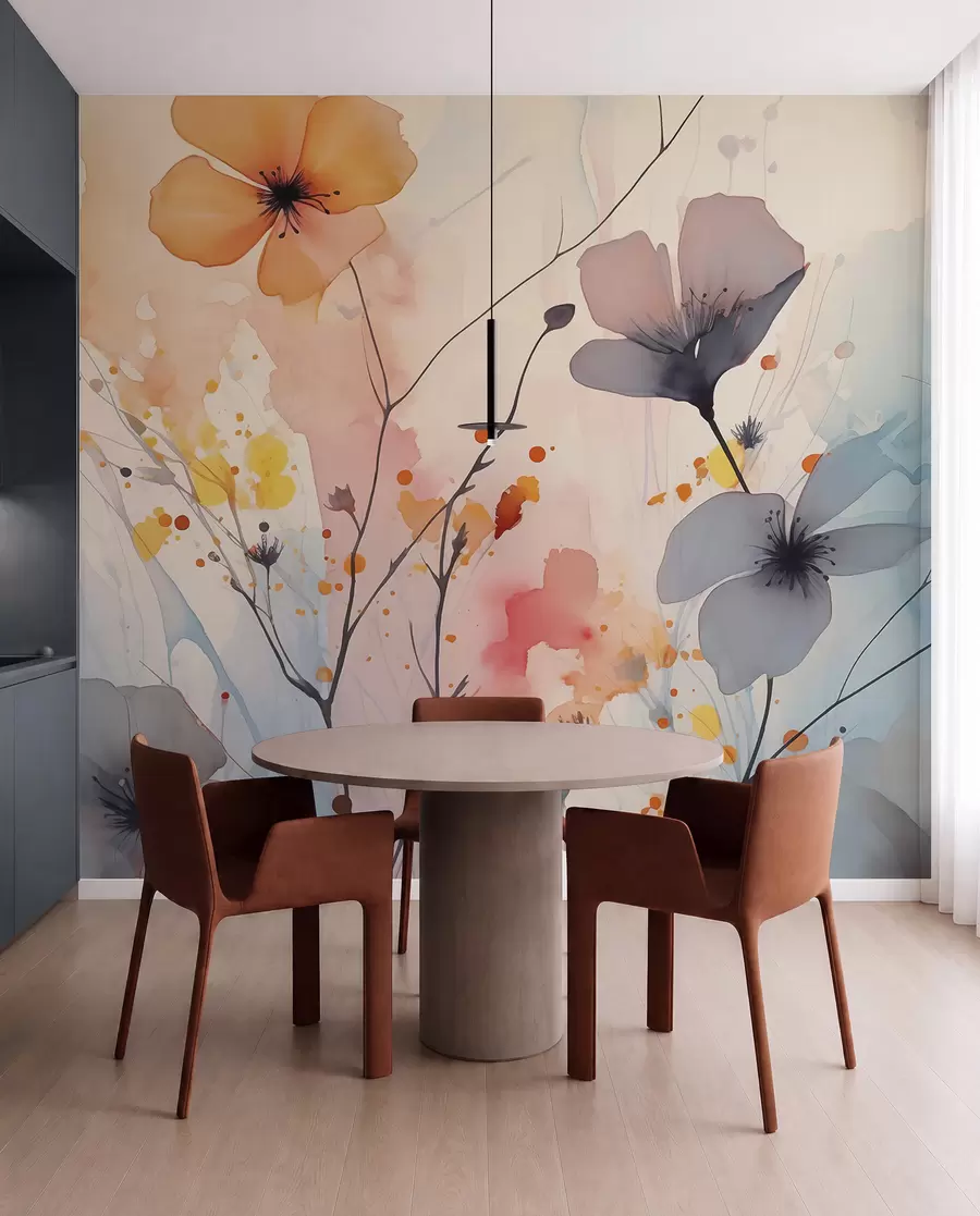 Fototapete Abstrakte helle Blumen und Zweige mit Farbspritzern nasses Aquarell w02049