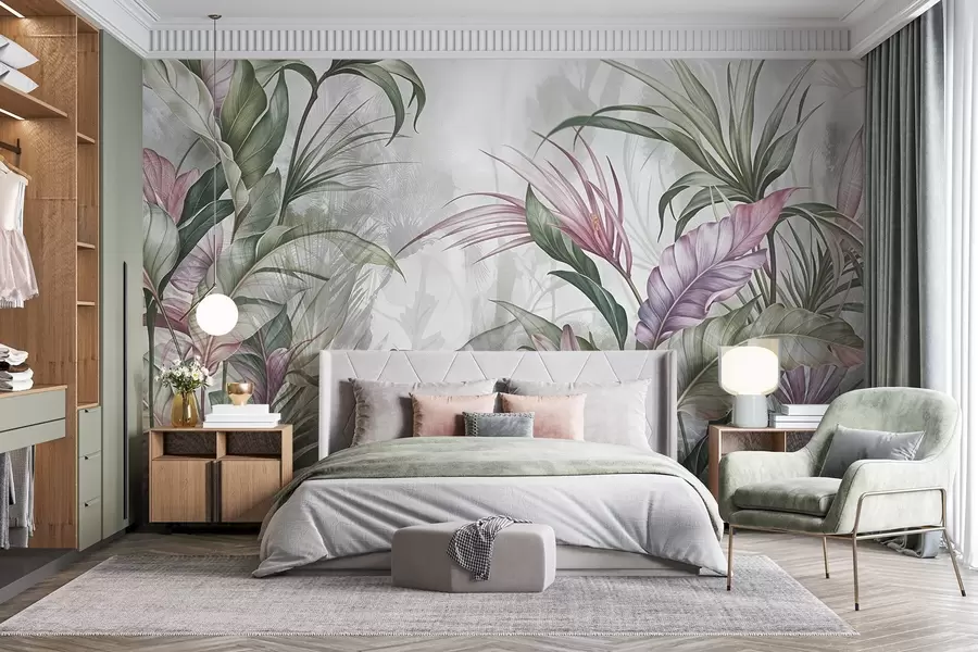 Fototapete Tropischer Dschungel mit großen grünen Blättern und rosa Protea-Blüten mit unscharfem, strukturiertem Hintergrund w08375