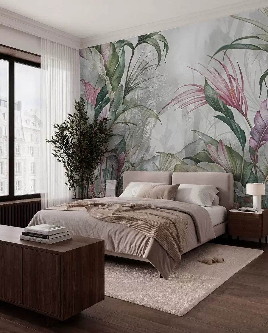 Fototapete Laub in Rosa und Grün w08375