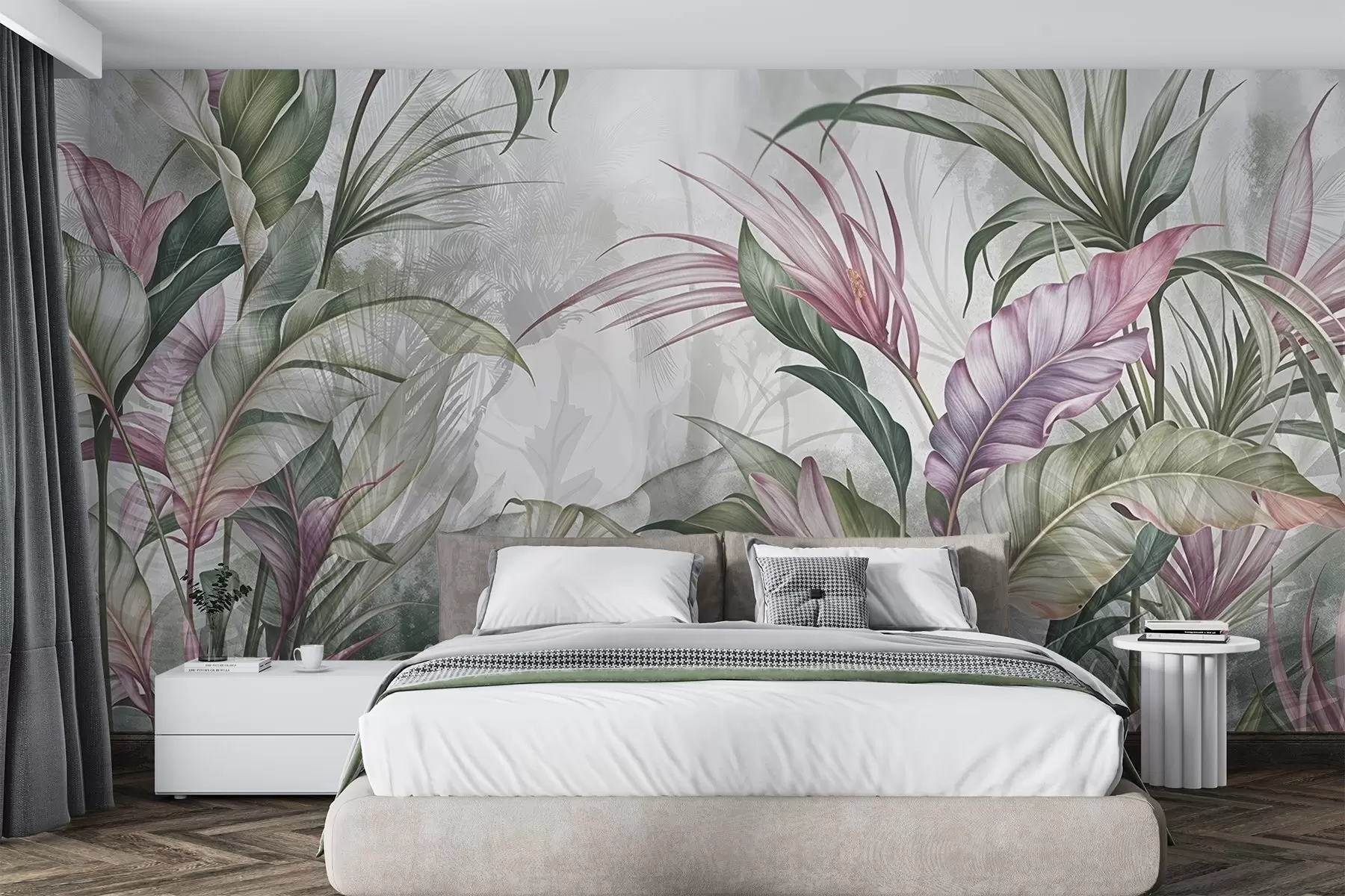 Fototapete Tropischer Dschungel mit großen grünen Blättern und rosa Protea-Blüten mit unscharfem, strukturiertem Hintergrund w08375