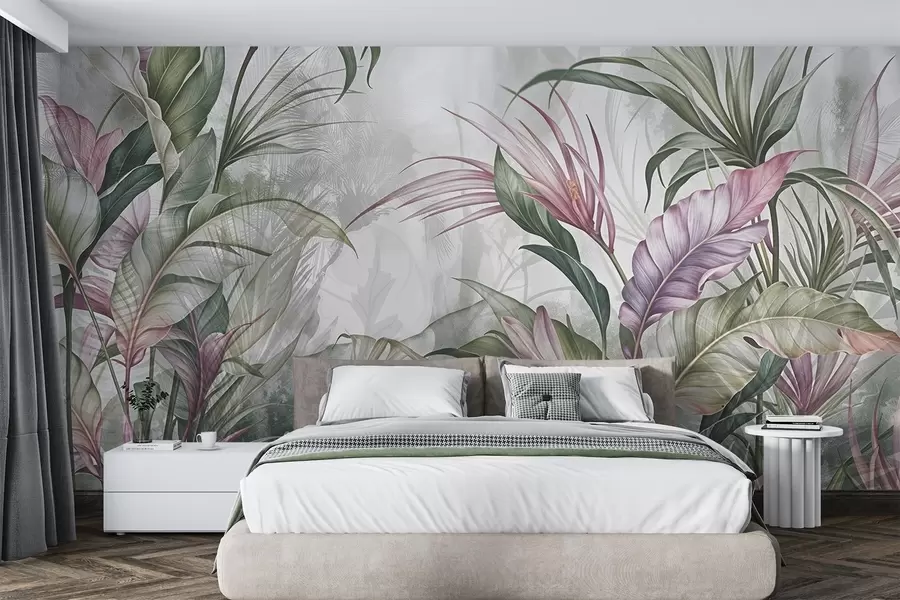 Fototapete Tropischer Dschungel mit großen grünen Blättern und rosa Protea-Blüten mit unscharfem, strukturiertem Hintergrund w08375