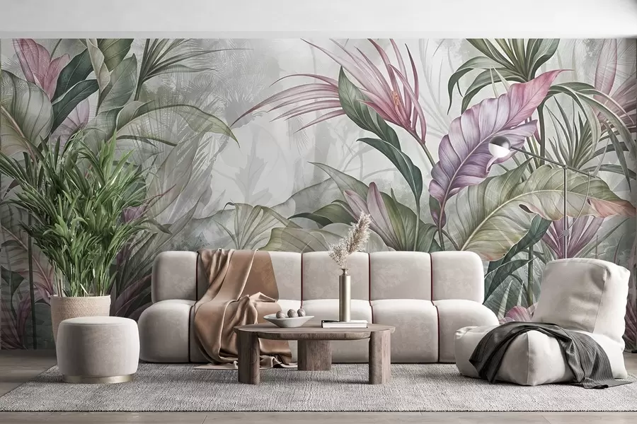 Fototapete Tropischer Dschungel mit großen grünen Blättern und rosa Protea-Blüten mit unscharfem, strukturiertem Hintergrund w08375