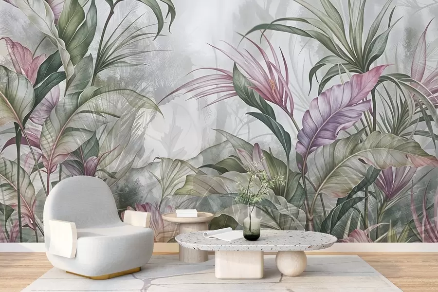 Fototapete Tropischer Dschungel mit großen grünen Blättern und rosa Protea-Blüten mit unscharfem, strukturiertem Hintergrund w08375