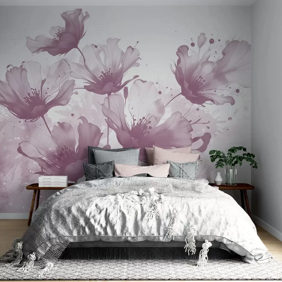 Fototapete Zarte rosa Blumen mit weichen, verschwommenen Blütenblättern und Aquarellspritzern vor hellem Hintergrund w08376v2