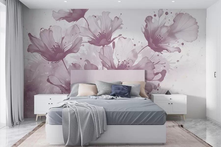 Fototapete Zarte rosa Blumen mit weichen, verschwommenen Blütenblättern und Aquarellspritzern vor hellem Hintergrund w08376v2